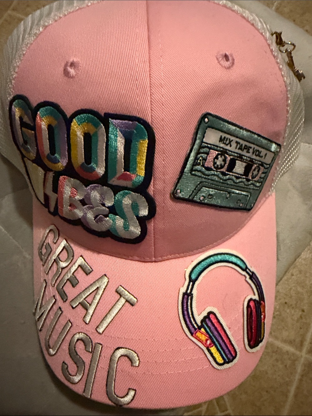 Pink Embroidered 'Great Music' Patch Baseball Cap